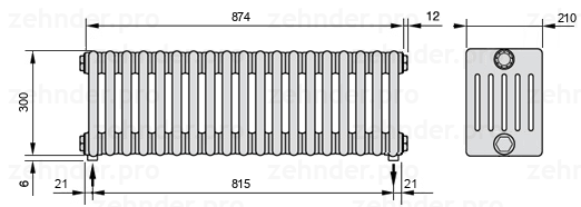 Схема (чертеж) Радиатор Zehnder Charleston 6030/19 №5310 Белый глянцевый RAL 9016